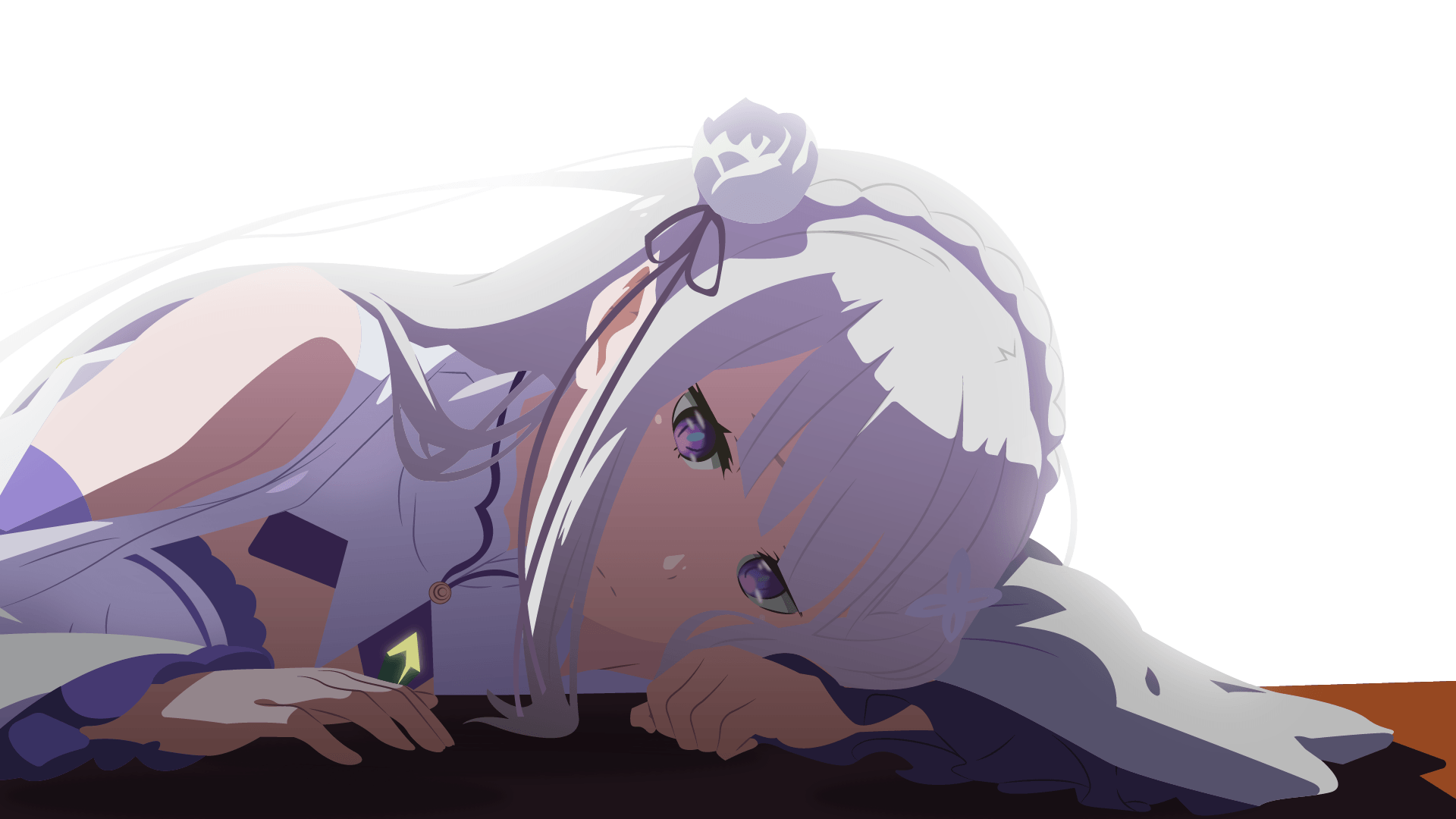 HD desktop wallpaper featuring Emilia from Re:Zero - Starting Life in Another World with purple eyes and white hair. This anime elf character is lying down, creating a serene and captivating background.