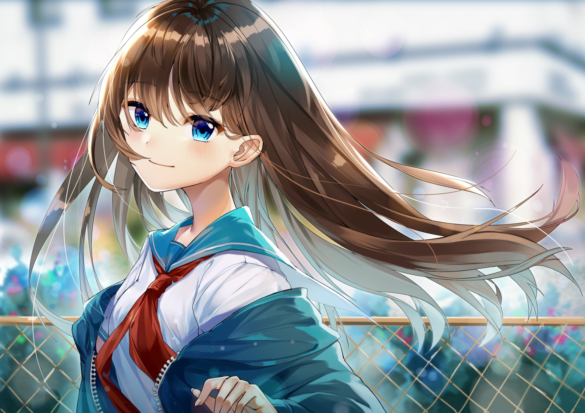 Anime-style original artwork of a smiling girl with long brown hair and bright blue eyes, featured in a vibrant HD PC desktop wallpaper background.