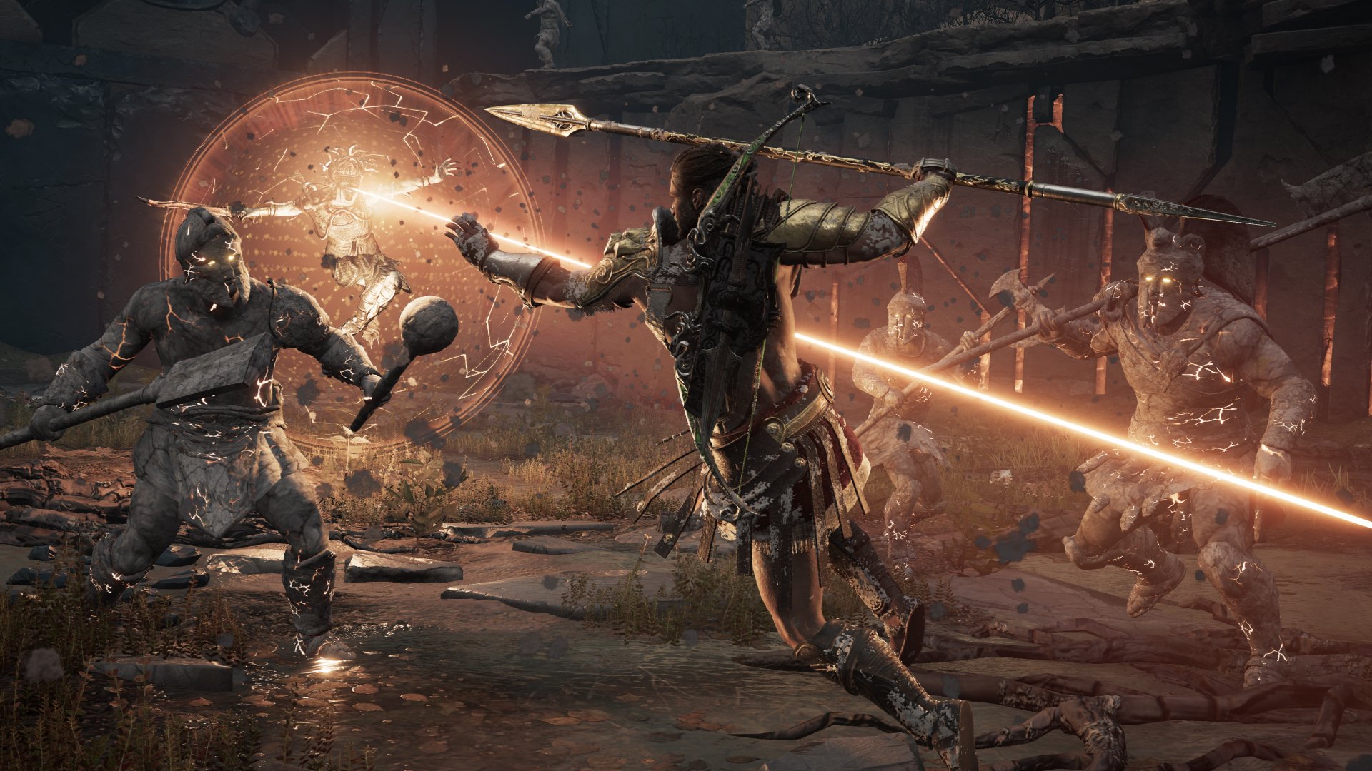 An epic battle scene from Assassin's Creed Odyssey, featuring armored warriors clashing with spears and shields, set as an HD desktop wallpaper.