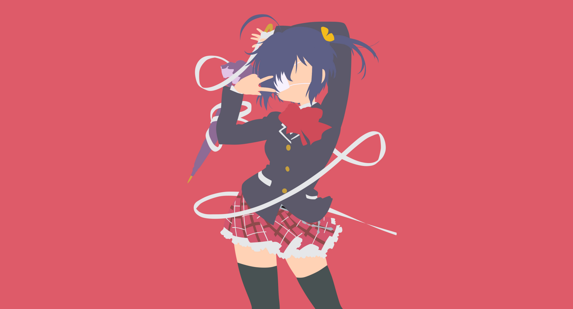 Minimalist HD anime wallpaper of Rikka Takanashi from Love Chunibyo & Other Delusions, featuring her school uniform, eye patch, blue hair, bow, umbrella, skirt, and thigh highs.