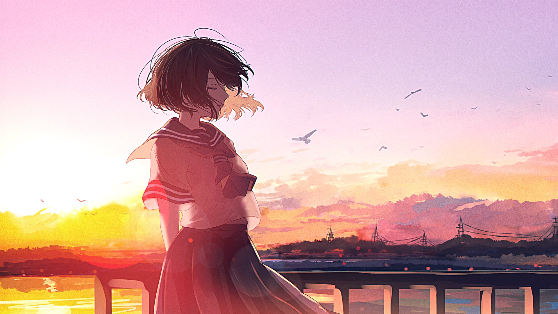 HD anime desktop wallpaper featuring a girl standing near a railing at sunset, with a serene background of gentle clouds and flying birds.