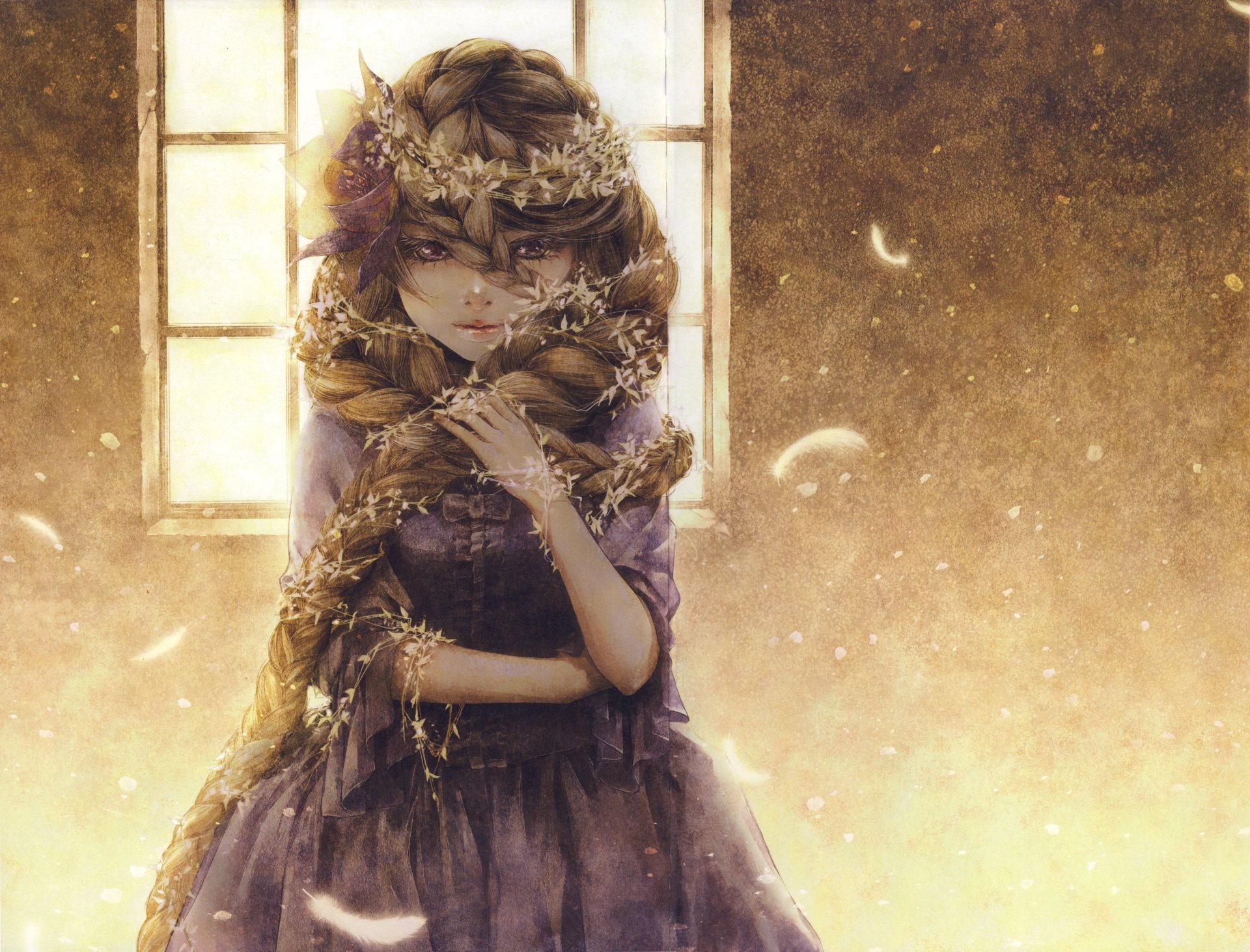 Anime-style original character with long blonde braided hair, purple eyes, and floral decorations, wearing a bow. 8K Ultra HD PC desktop wallpaper in warm golden tones.