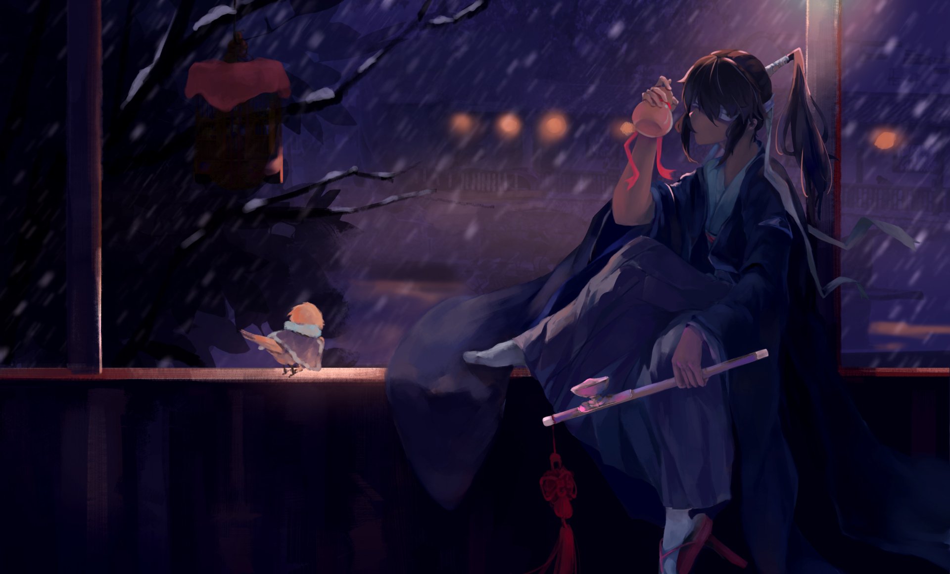 A serene HD anime wallpaper featuring a long-haired character with brown hair, sitting indoors by a snowy window, holding a flute, while a small bird perches nearby.