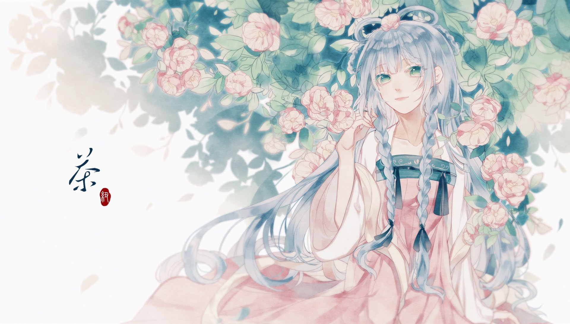 HD anime desktop wallpaper featuring Luo Tianyi from Vocaloid, surrounded by soft pink blossoms and delicate greenery in a serene, pastel-colored scene.