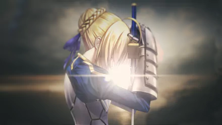 HD desktop wallpaper of Saber from the Fate Series and Fate/Grand Order, depicting her holding a sword with light shining through the blade against a dramatic background.