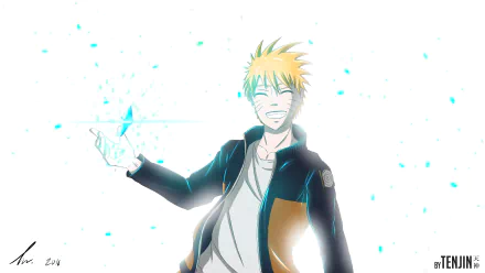 4K Ultra HD anime wallpaper featuring Naruto Uzumaki from Naruto, smiling and surrounded by glowing blue shards on a bright white background.