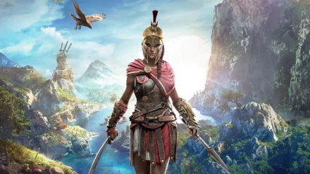 HD desktop wallpaper featuring Kassandra from Assassin's Creed Odyssey, showcasing her in full armor with dual swords against a scenic backdrop of mountains and water in the video game.