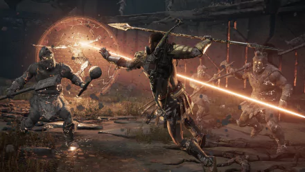 An epic battle scene from Assassin's Creed Odyssey, featuring armored warriors clashing with spears and shields, set as an HD desktop wallpaper.