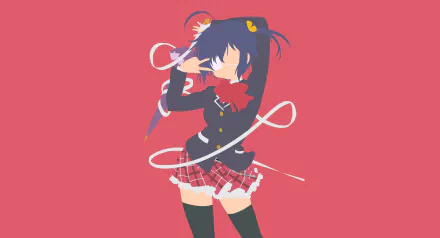 Minimalist HD anime wallpaper of Rikka Takanashi from Love Chunibyo & Other Delusions, featuring her school uniform, eye patch, blue hair, bow, umbrella, skirt, and thigh highs.