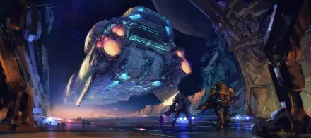 A high-definition desktop wallpaper featuring a futuristic scene with robots and a spaceship in a Sci-Fi setting.