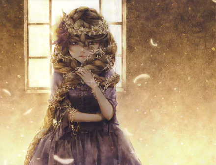 Anime-style original character with long blonde braided hair, purple eyes, and floral decorations, wearing a bow. 8K Ultra HD PC desktop wallpaper in warm golden tones.