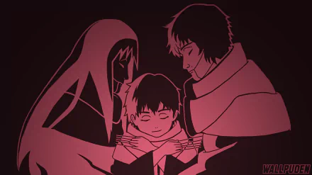 Silhouetted Sasori embraced by his mother and father in warm red tones — Naruto anime family portrait wallpaper, 5K Ultra HD PC background.