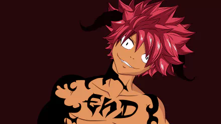 Natsu Dragneel from Fairy Tail with fiery red hair and dark shadow markings, depicted in a dynamic 4K Ultra HD anime desktop wallpaper background.