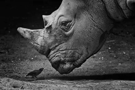 Black and white HD wallpaper featuring a close-up of a rhino with a bird nearby, captured with dramatic lighting and detail.