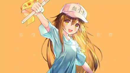 HD anime wallpaper featuring Platelet from Cells at Work! holding a flag with a bright orange background, capturing the character’s energetic and cheerful spirit.