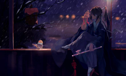 A serene HD anime wallpaper featuring a long-haired character with brown hair, sitting indoors by a snowy window, holding a flute, while a small bird perches nearby.