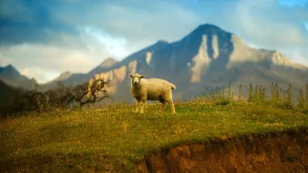 HD desktop wallpaper featuring a solitary sheep standing on a grassy hill with a mountain backdrop under a cloudy sky.
