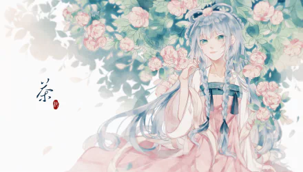 HD anime desktop wallpaper featuring Luo Tianyi from Vocaloid, surrounded by soft pink blossoms and delicate greenery in a serene, pastel-colored scene.