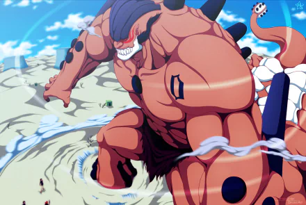 Anime HD PC desktop wallpaper featuring a dynamic scene from Bleach, showcasing a powerful, muscular character with intense expression and swirling energy effects.