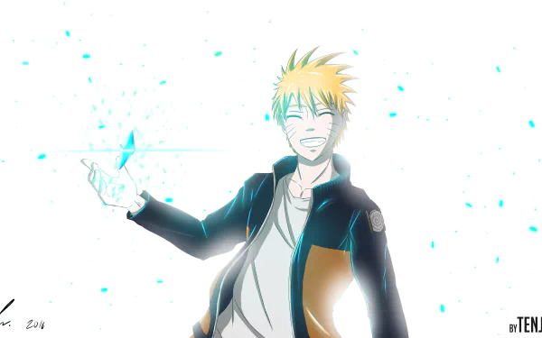 4K Ultra HD anime wallpaper featuring Naruto Uzumaki from Naruto, smiling and surrounded by glowing blue shards on a bright white background.