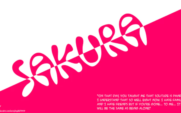 Bold pink SAKURA text across a white diagonal, small inspirational quote below; Sakura Haruno anime wallpaper from Naruto, 8K Ultra HD PC desktop background.