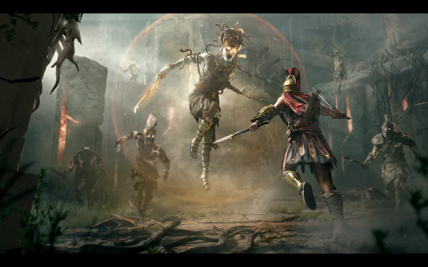 8K Ultra HD Assassin's Creed Odyssey PC wallpaper showing an intense battle scene with a warrior fighting Medusa in a dark, ancient, foggy ruin.