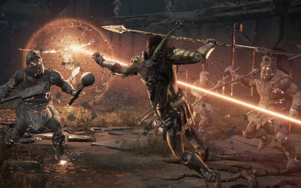 An epic battle scene from Assassin's Creed Odyssey, featuring armored warriors clashing with spears and shields, set as an HD desktop wallpaper.