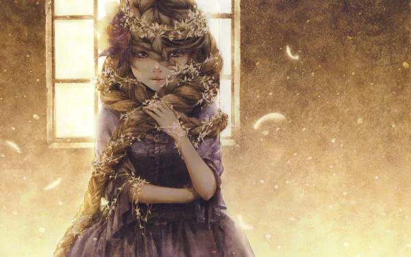 Anime-style original character with long blonde braided hair, purple eyes, and floral decorations, wearing a bow. 8K Ultra HD PC desktop wallpaper in warm golden tones.