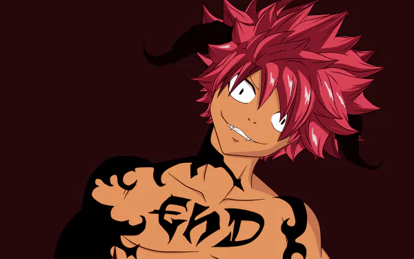 Natsu Dragneel from Fairy Tail with fiery red hair and dark shadow markings, depicted in a dynamic 4K Ultra HD anime desktop wallpaper background.