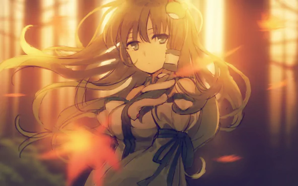 HD PC desktop wallpaper featuring Sanae Kochiya from the Touhou anime series, bathed in warm, glowing light with flowing hair and a serene expression.