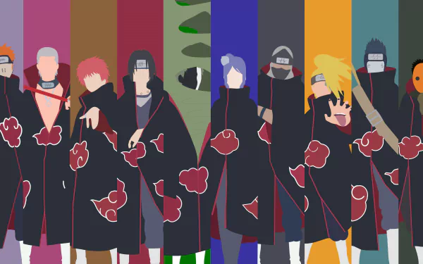 This HD desktop wallpaper features characters Kakuzu, Hidan, Deidara, Sasori, Kisame Hoshigaki, Itachi Uchiha, Konan, Black Zetsu, White Zetsu, Obito Uchiha, Pain, and Yahiko from the anime Naruto.