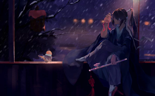A serene HD anime wallpaper featuring a long-haired character with brown hair, sitting indoors by a snowy window, holding a flute, while a small bird perches nearby.