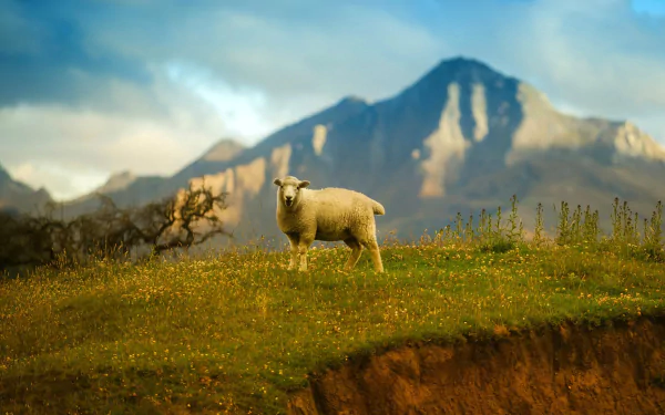 HD desktop wallpaper featuring a solitary sheep standing on a grassy hill with a mountain backdrop under a cloudy sky.