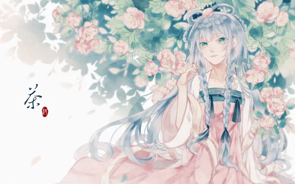 HD anime desktop wallpaper featuring Luo Tianyi from Vocaloid, surrounded by soft pink blossoms and delicate greenery in a serene, pastel-colored scene.
