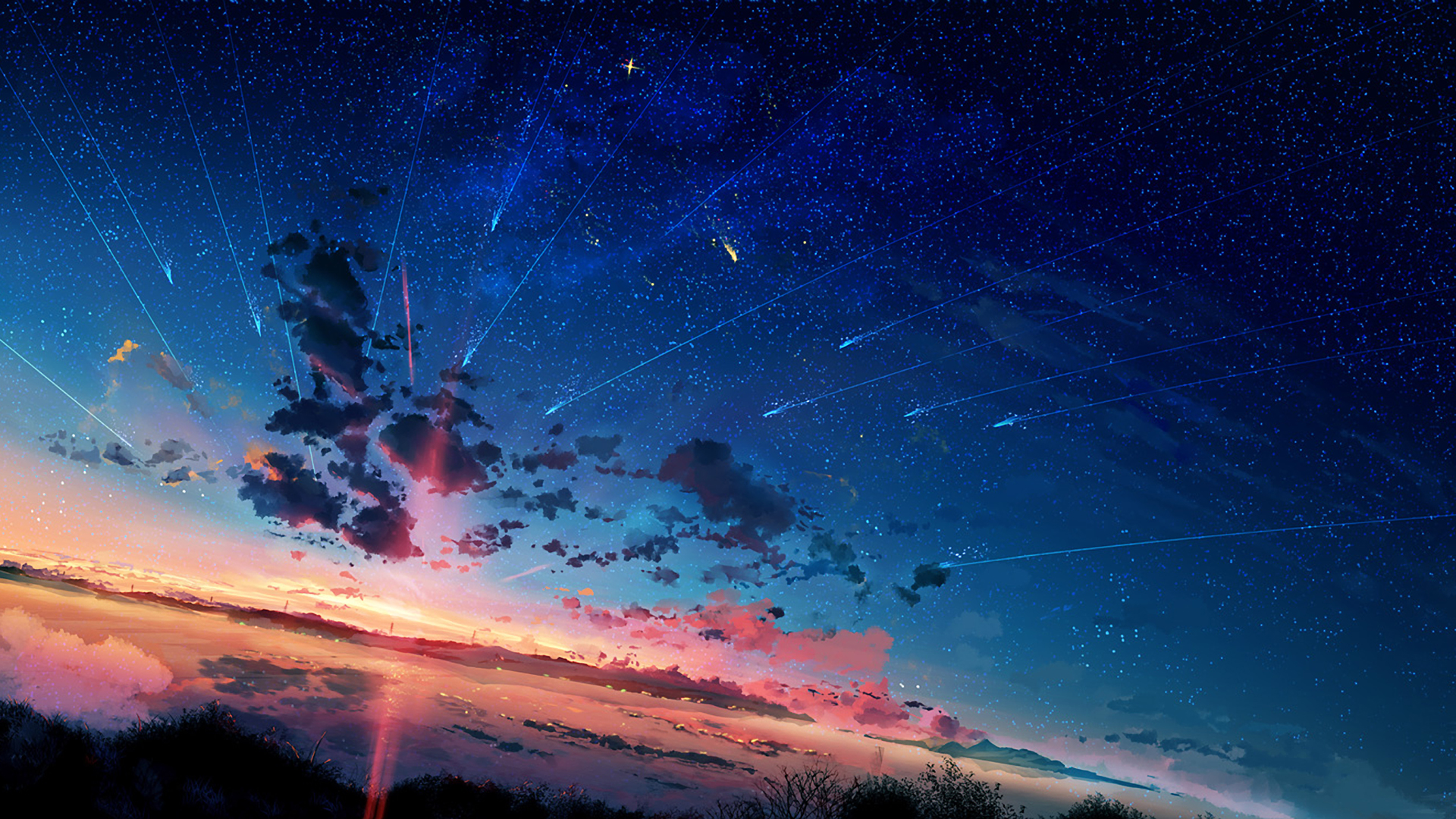 HD wallpaper of an anime-inspired starry sky with a shooting star and a vibrant sunset.