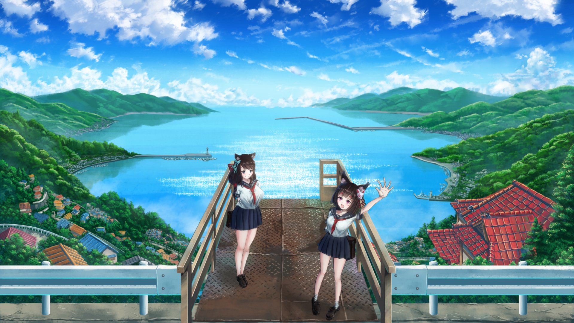 HD PC desktop wallpaper and background of Fusou and Yamashiro (Azur Lane): two anime girls in school uniforms waving on a seaside overlook with blue sky, lush green hills, and a calm bay.