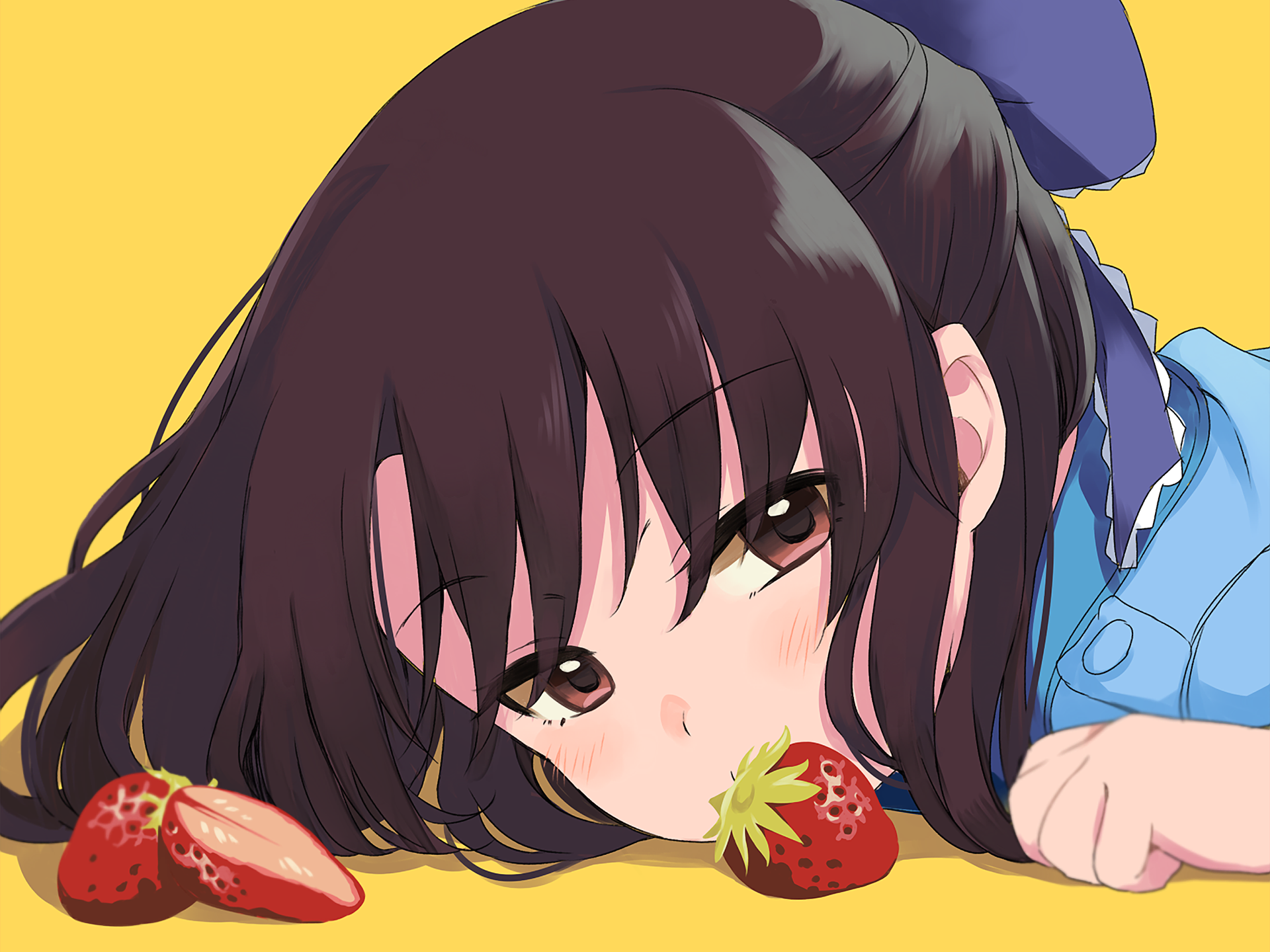 Close-up anime portrait of Arisu Tachibana (The iDOLM@STER Cinderella Girls), face near strawberries on a bright yellow background, wearing a blue outfit and ribbon — HD PC desktop wallpaper/background