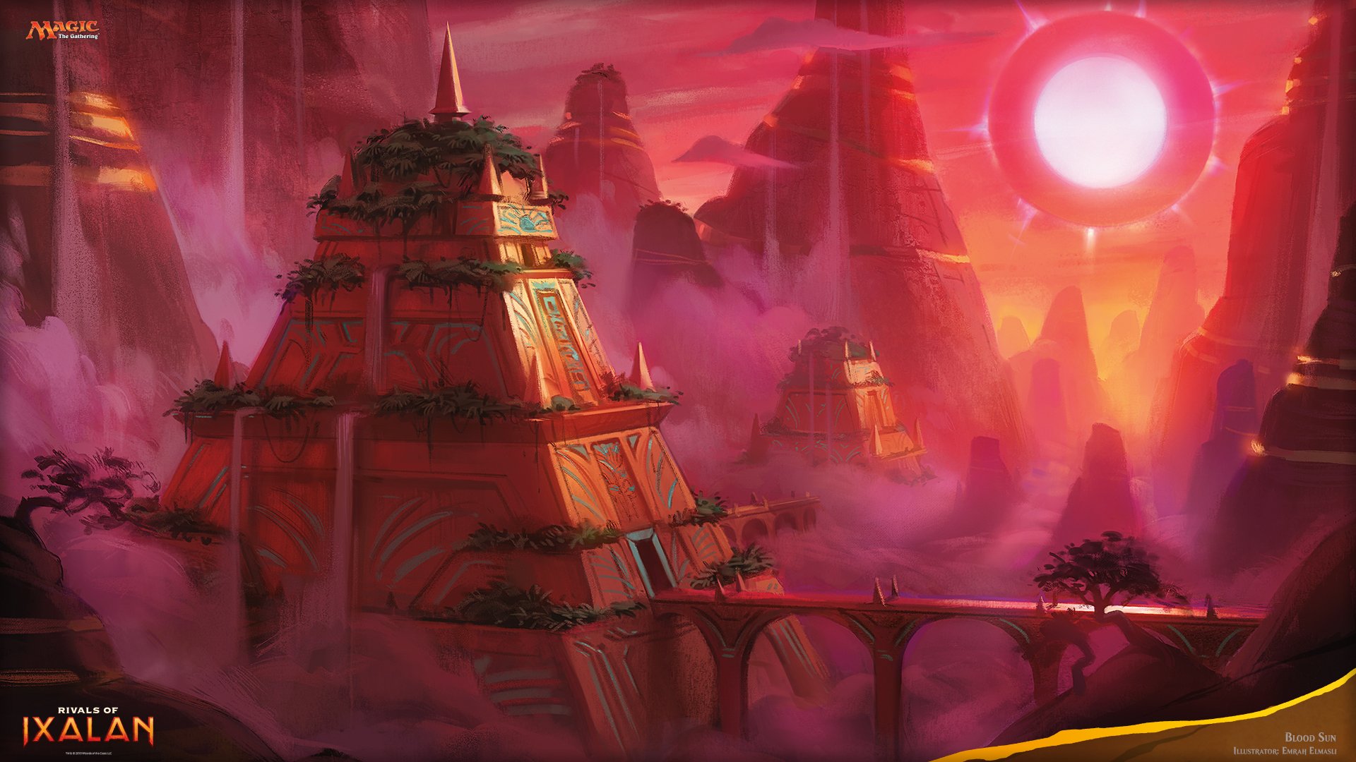 HD desktop wallpaper featuring a man-made, ancient pyramid structure set in a mystical red-hued landscape from Magic: The Gathering's Strixhaven.