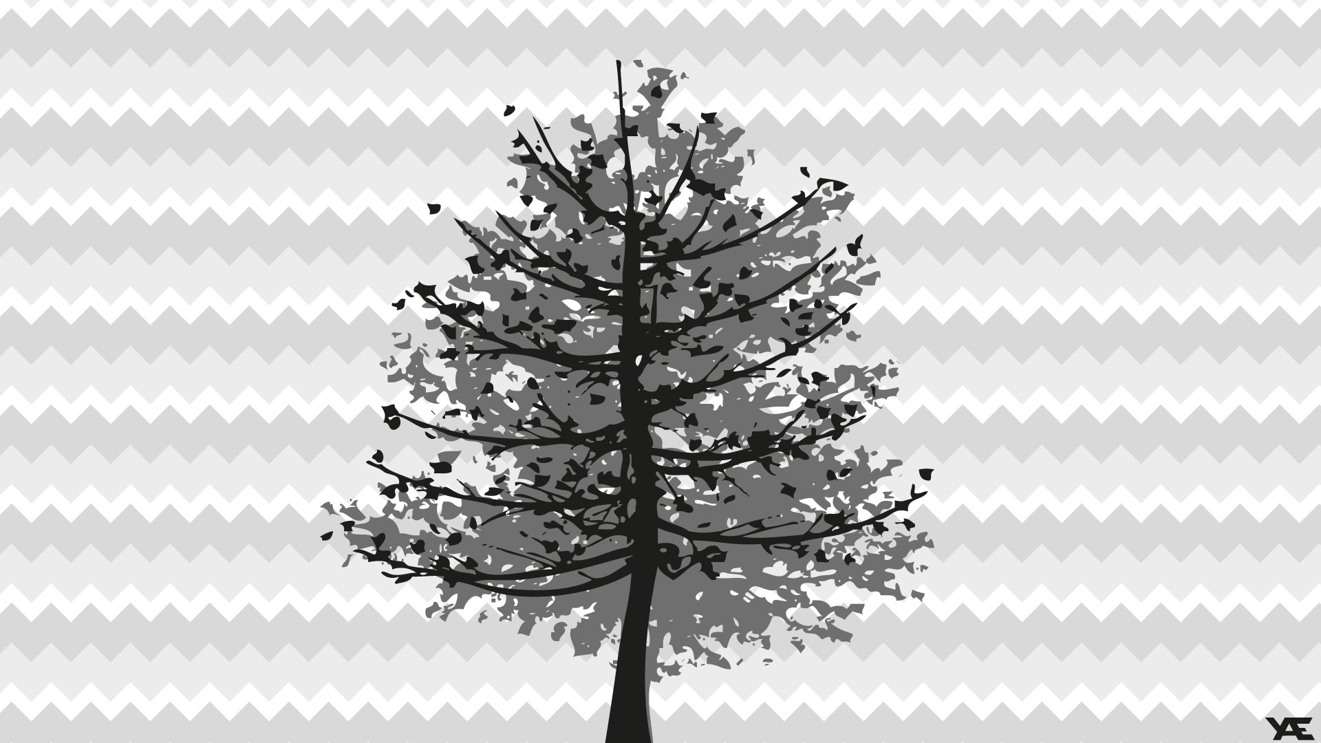 Artistic HD PC desktop wallpaper featuring a stylized black tree silhouette against a gray and white zigzag patterned background.