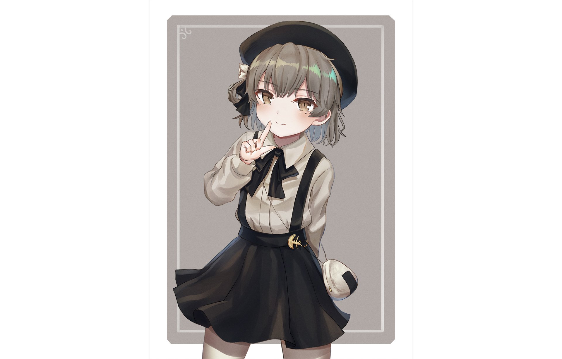 Anime-style Virtual YouTuber character with short gray hair, wearing a black beret, white blouse, and black skirt, featured as an HD PC desktop wallpaper.