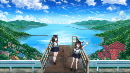 HD PC desktop wallpaper and background of Fusou and Yamashiro (Azur Lane): two anime girls in school uniforms waving on a seaside overlook with blue sky, lush green hills, and a calm bay.
