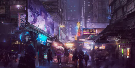 HD desktop wallpaper featuring a vibrant cyberpunk cityscape with neon lights and bustling street scenes, capturing the essence of a sci-fi metropolis.