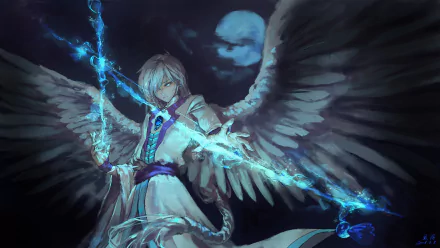 Yue from Cardcaptor Sakura wields glowing blue magic amid a dark night sky, with a full moon and ethereal wings in this 4K Ultra HD anime desktop wallpaper.