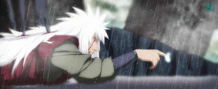 HD anime wallpaper featuring Jiraiya from Naruto, showing him drenched in rain, reaching out with a glowing hand amidst a dark, stormy background.