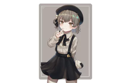 Anime-style Virtual YouTuber character with short gray hair, wearing a black beret, white blouse, and black skirt, featured as an HD PC desktop wallpaper.