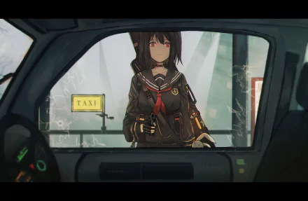 An HD desktop wallpaper featuring an original anime scene of a girl in a dark school uniform viewed through a car window, with a TAXI sign in the background.