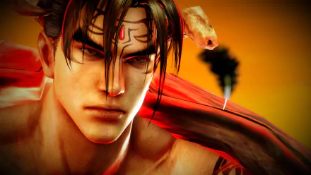 Close-up of Jin Kazama from Tekken 7 in vibrant 8K Ultra HD, showcasing intense expression and detailed textures on a fiery orange background.