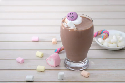 A 4K Ultra HD still life of a glass of hot chocolate topped with marshmallows and a smiling pink candy, surrounded by pastel marshmallows and a candy cane on a wooden surface.