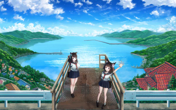 HD PC desktop wallpaper and background of Fusou and Yamashiro (Azur Lane): two anime girls in school uniforms waving on a seaside overlook with blue sky, lush green hills, and a calm bay.