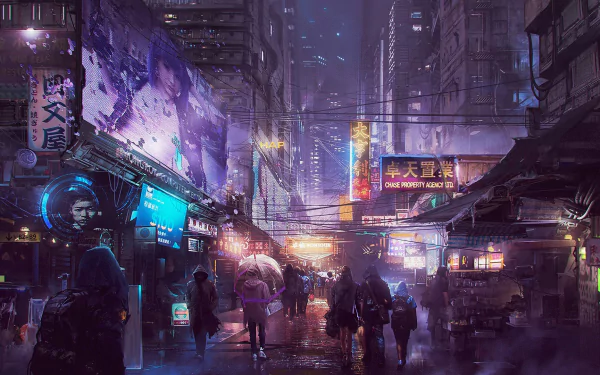 HD desktop wallpaper featuring a vibrant cyberpunk cityscape with neon lights and bustling street scenes, capturing the essence of a sci-fi metropolis.